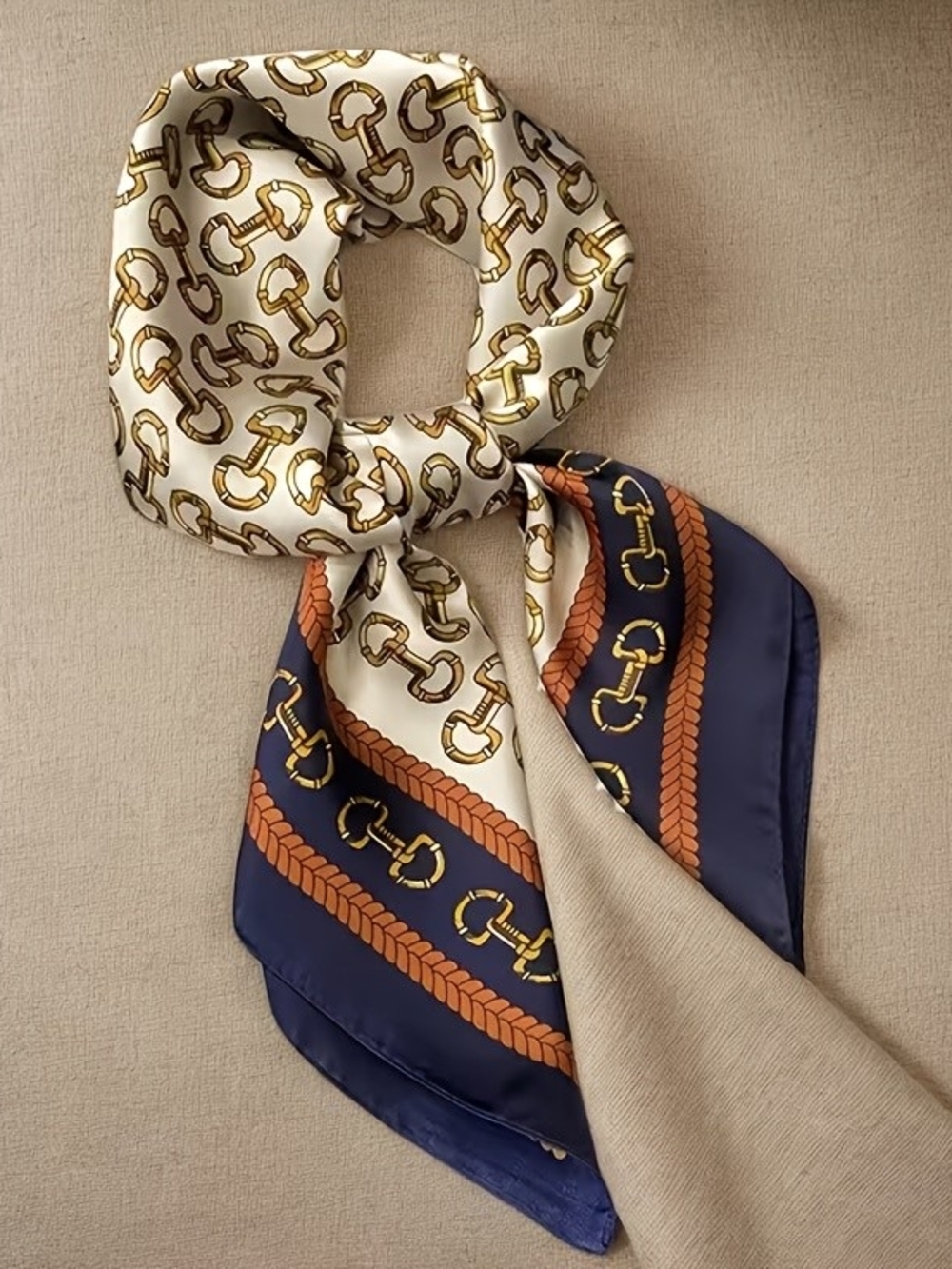Silk-Feel Chain Print Scarf in Navy, Cream and Brown 70*70cm